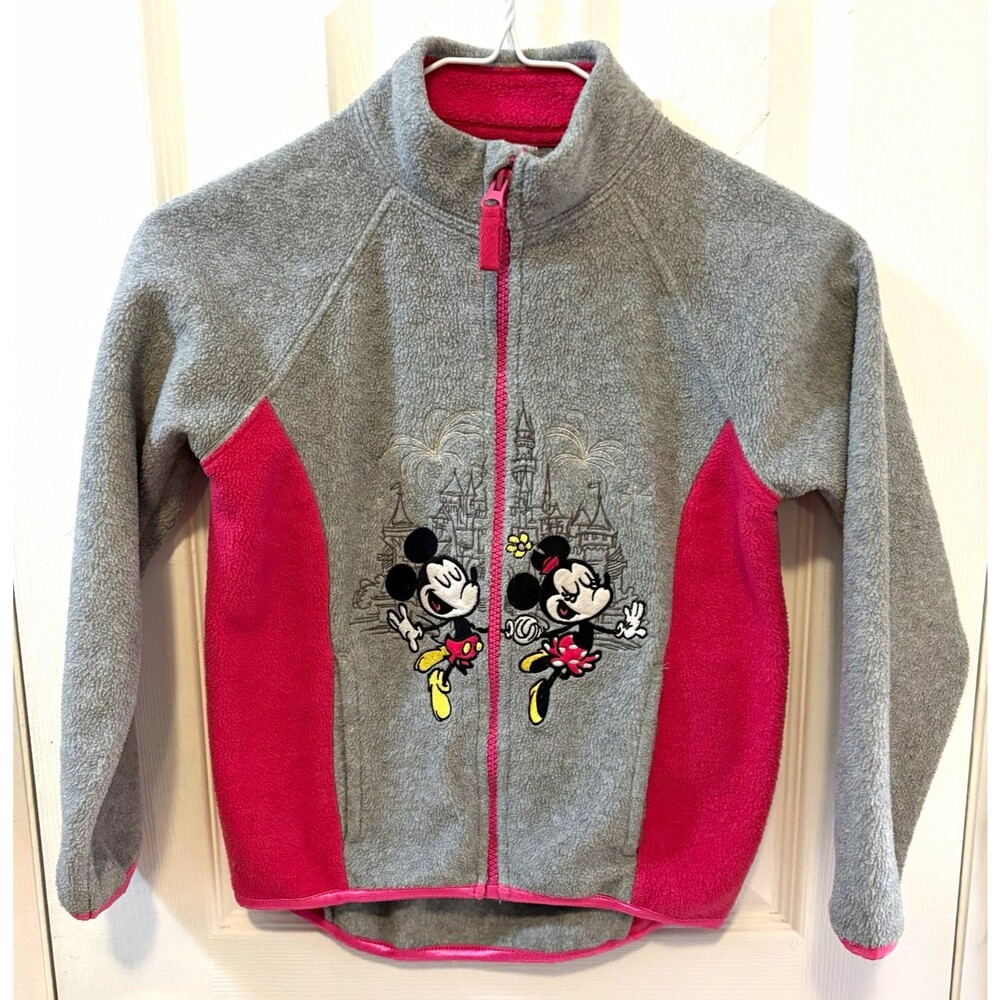 Disney Parks Fleece Jacket kids Sz S grey pink zip up Mickey Minnie Disneyland